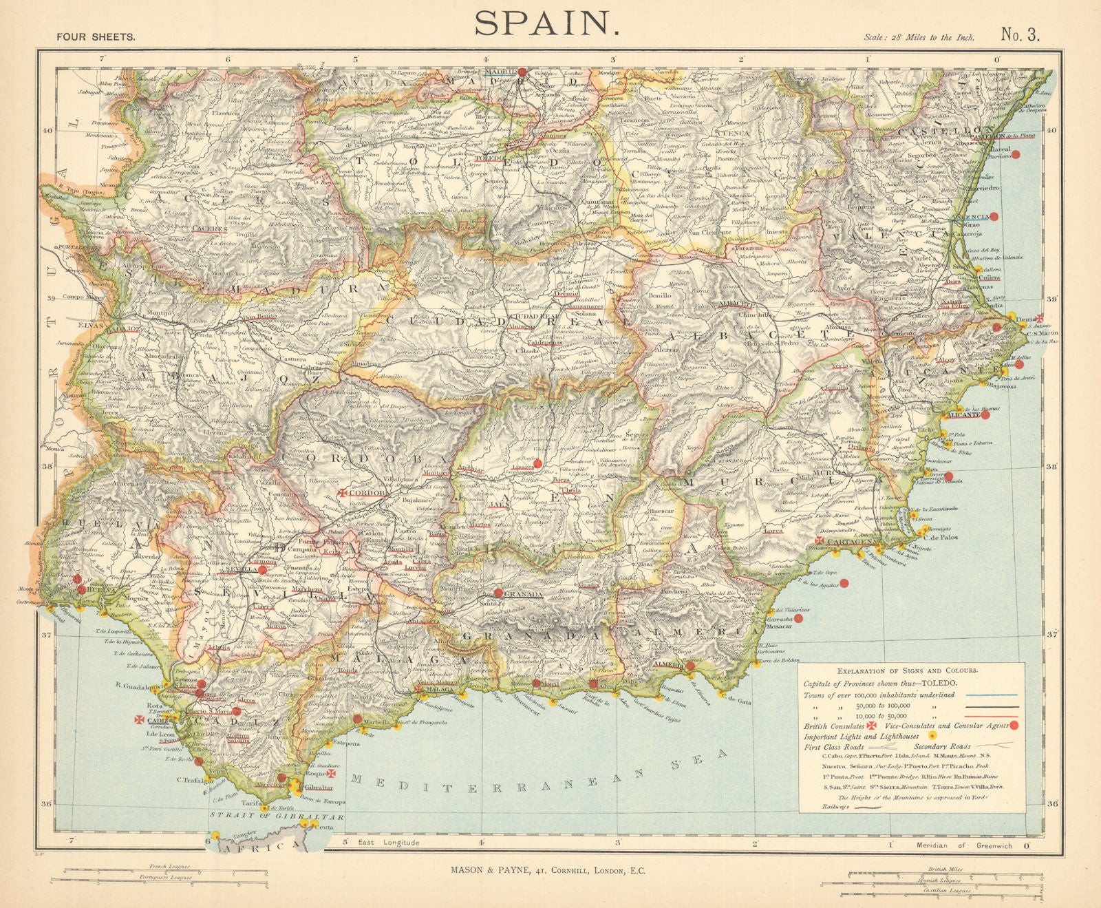SOUTHERN SPAIN SOUTH Railways Lighthouses British Consulates. LETTS 1892 map